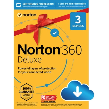 Norton 360 Deluxe, Antivirus Software for 3 Devices, 1 Year Subscription, PC/Mac/iOS/Android [Digital Download]