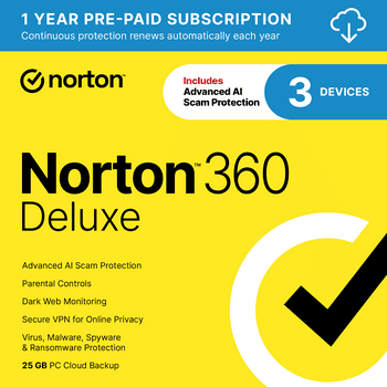 Norton 360 Deluxe, Antivirus Software for 3 Devices, 1 Year Subscription, PC/Mac/iOS/Android [Digital Download]