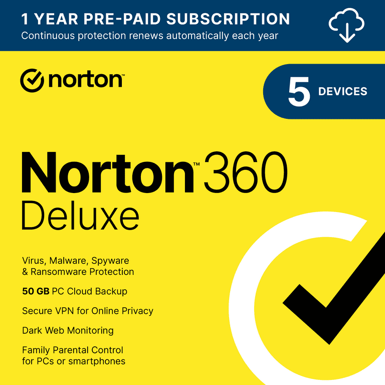 Norton 360 Deluxe, Antivirus Software For 5 Devices, 1 Year.