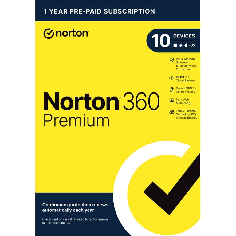 Norton 360 Premium Antivirus Software for 10 Devices 1 Year Subscription PC Mac iOS Android Card