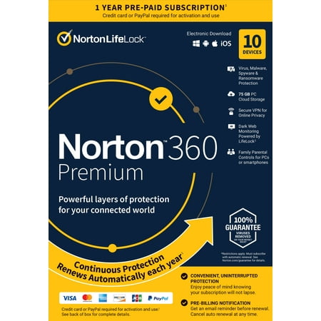 Norton 360 Premium, Antivirus Software for 10 Devices, 1 Year Subscription, PC/Mac/iOS/Android [Card]