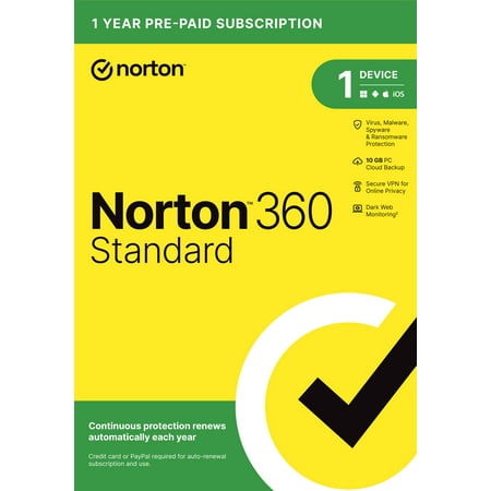 Norton 360 Standard, Antivirus Software for 1 Device, 1 Year Subscription, PC/Mac/iOS/Android [Card]