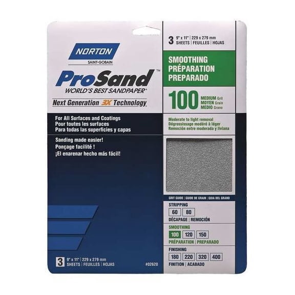 Norton Abrasives Sandpaper Sheet,Fine,100 Grit,PK3 07660768162