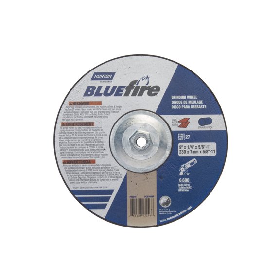 Norton Blue Fire Plus Depressed Center Abrasive Wheel, Type 27, Zirconia Alumina, 5/8"-11 Hub, 9" Diameter x 1/4" Thickness CA1