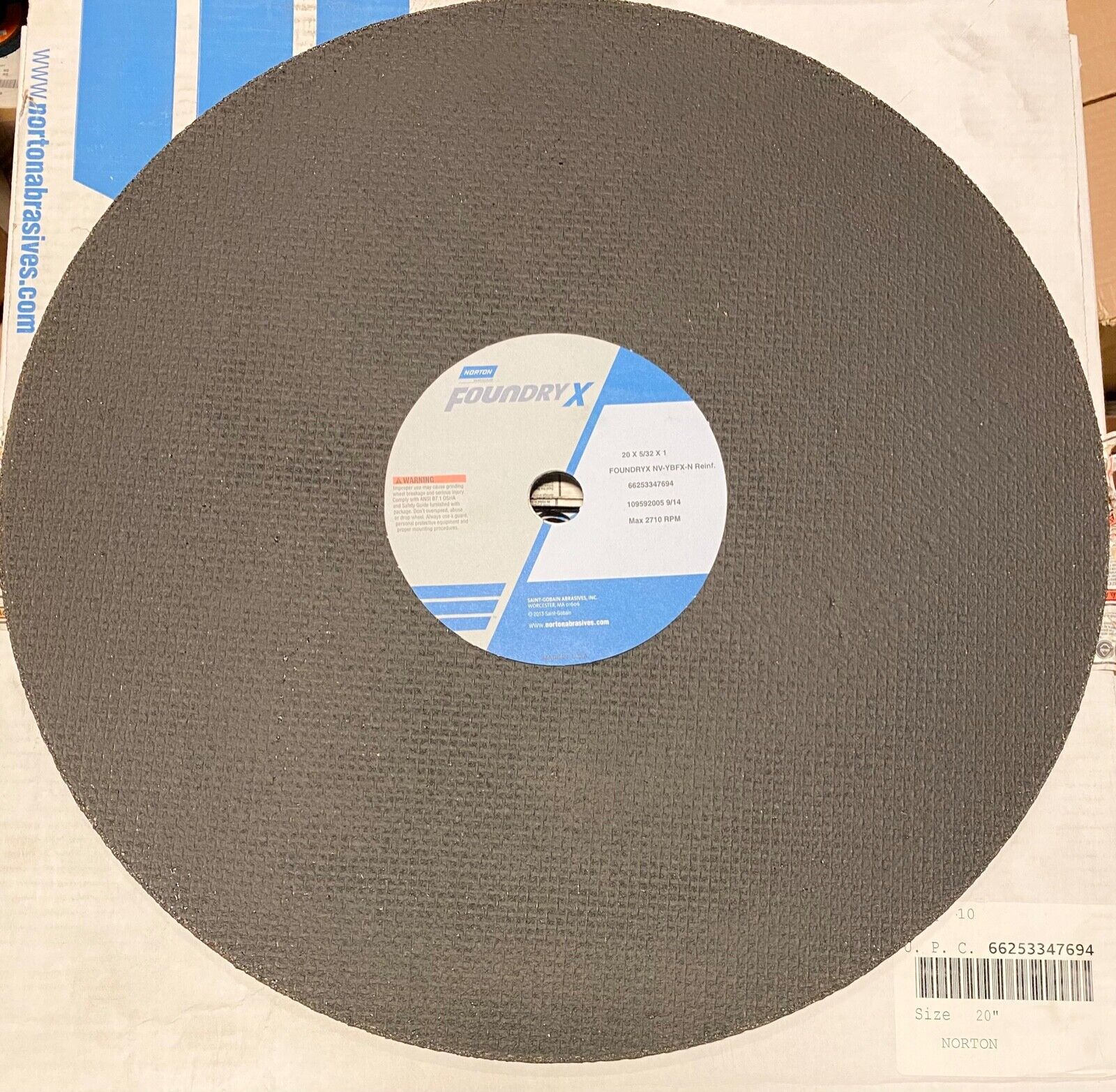 Norton Cut Off Wheel 20" x 5/32" x 1" Foundry X Reinforced Zirconia Alumina USA