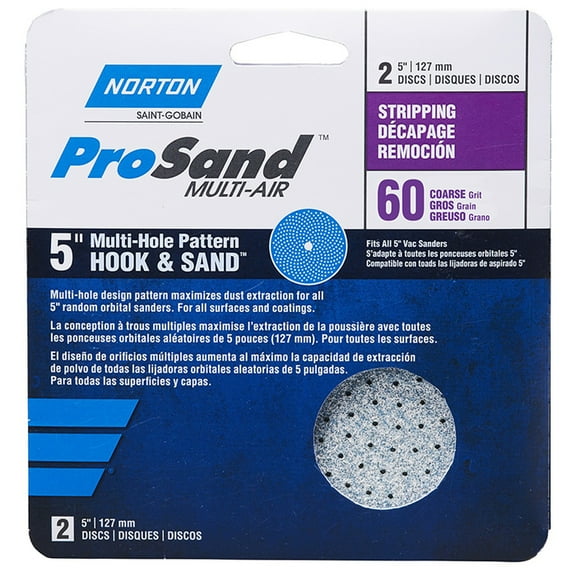 5” Norton 3233 ProSand Multi-Hole Hook & Sand Discs, 60-Grit, 2-Pack