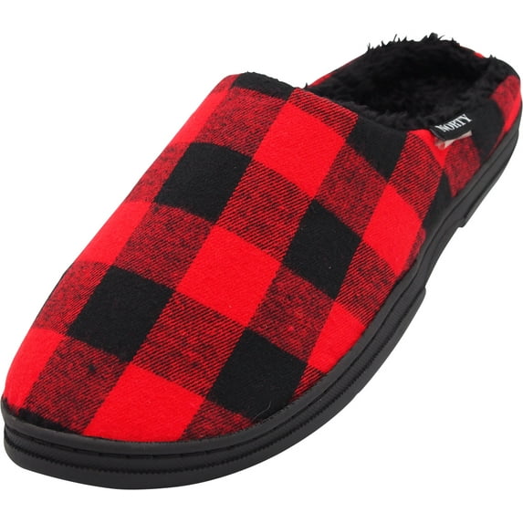 Norty Mens Slippers - Memory Foam Mule and Clog Slippers - Faux Suede, Microfiber or Flannel 40820-Large Red/Black Buffalo Plaid