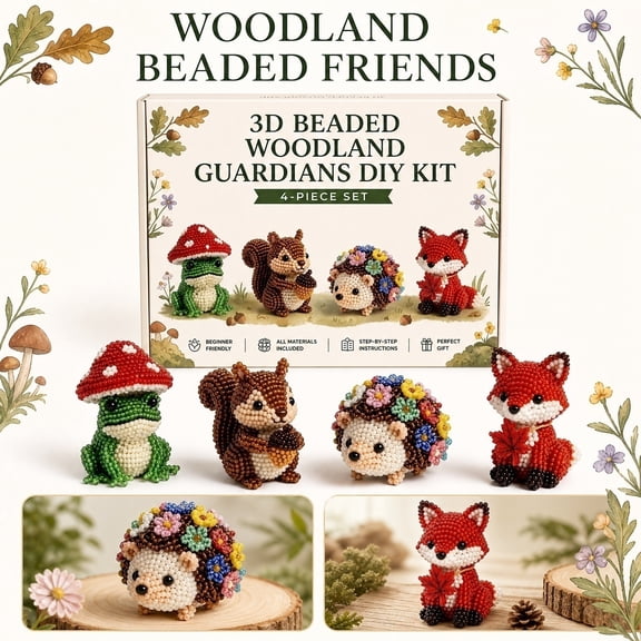 Norvail 3D Beaded Animal DIY Craft Kit 4 Piece Miniature Figurine Set, Seed Beads Wire Owl Rabbit Fox Squirrel, Handmade Desk Decor Gift For Adults