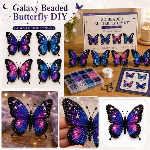 Norvail 3D Beaded Butterfly DIY Craft Kit - 4-Piece Colorful Insect Set with Seed Beads & Wire, Handmade Desk Decor for Adults & Teens, Relaxing Creative Gift