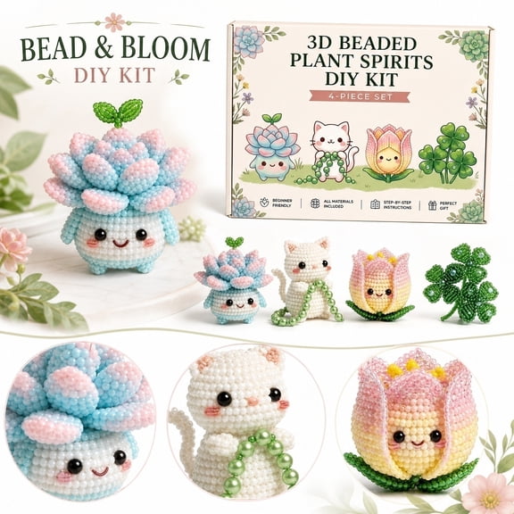 Norvail 3D Beaded Fairy Garden DIY Craft Kit 4 Piece Miniature Figurine Set, Seed Beads Wire Succulent Cat Tulip Four Leaf Clover Fairy, Handmade Desk Decor Gift For Adults