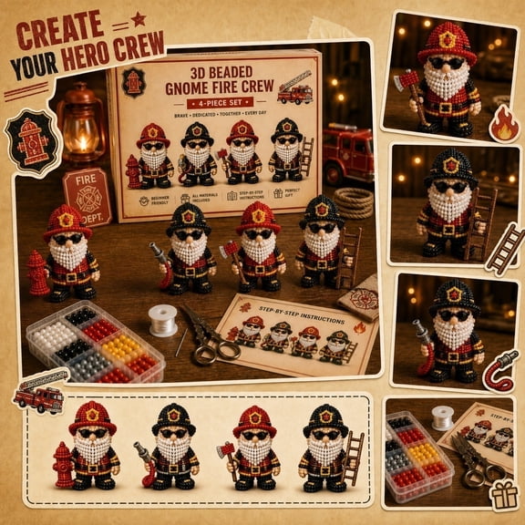 Norvail 3D Beaded Fire Crew Gnome DIY Craft Kit 4 Piece Firefighter Figurine Set, Seed Beads Wire Handmade Desk Decor For Adults, Unique Hero Tribute Gift