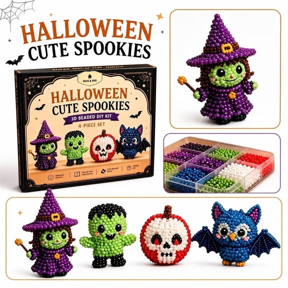 Norvail 3D Beaded Halloween Gnome DIY Craft Kit 4 Piece Spooky Figurine Set, Seed Beads Wire Handmade Desk Decor For Adults, Festive Seasonal Gift