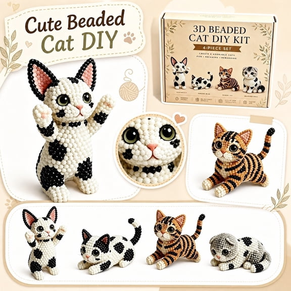 Norvail 3D Beaded Standing Spotted Cat Crawling Kitten Tabby Cat Folded Ear Spotted Cat DIY Kit, Smooth Lustrous Round Beads Varied Spotted Striped Colorways, Handmade Desk Decor Gift For Adults