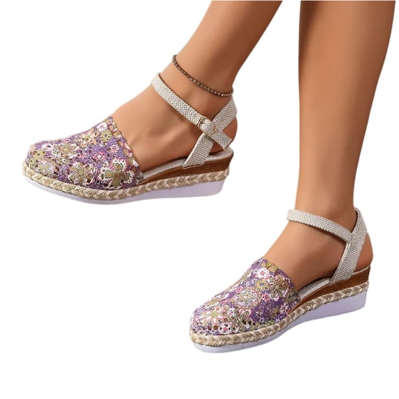 Norvail Closed Toe Wedge Sandals for Women Boho Lace Espadrilles Ankle Strap Buckle, Summer Beach Wedding Vacation Dress Shoes