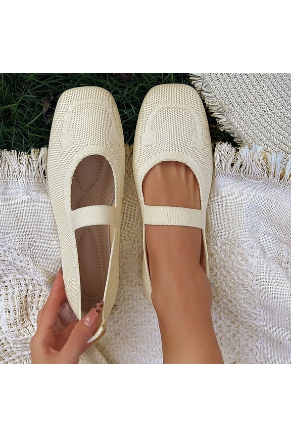Mary Jane Flats Squire Toe, Knit Ballet Flats for Everyday Wear, Lightweight and Breathable Comfortable Dressy Knit Ballerina Walking Slip-on Shoes Ladies