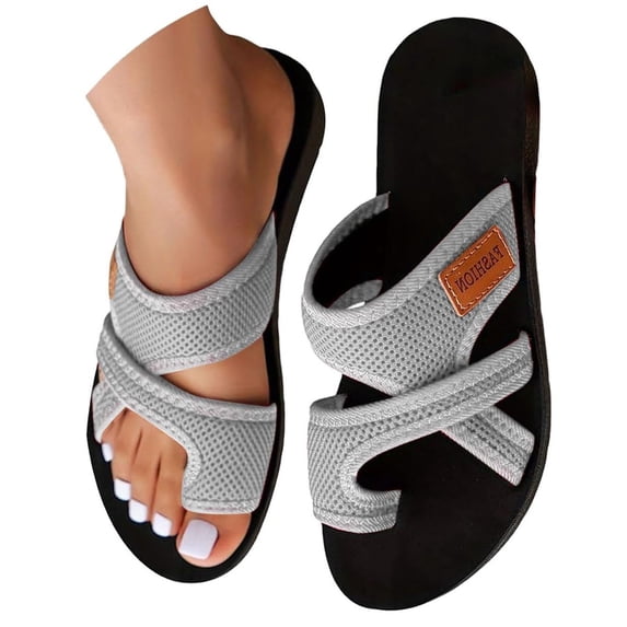 Norvail Orthopedic Sandals for Women Hollow Mesh Slide Shoes with Arch Support Comfortable Breathable Beach Flats Toe Ring Slippers