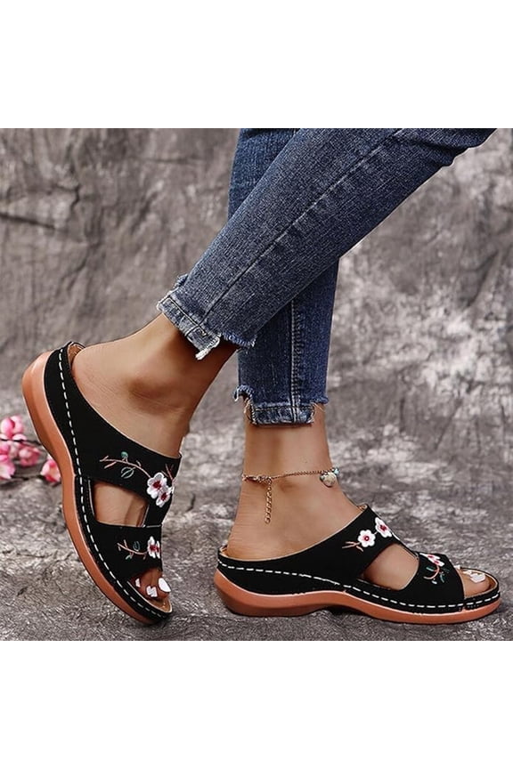 Orthotic Slide Sandals For Women With Arch Support, Thick Soled Exposed Toe Embroidery Home Slippers, Perfect For Plantar Fasciitis Relief,Summer Going Out Shoes