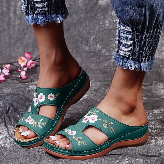 Norvail Orthotic Slide Sandals For Women With Arch Support, Thick Soled Exposed Toe Embroidery Home Slippers, Perfect For Plantar Fasciitis Relief,Summer Going Out Shoes
