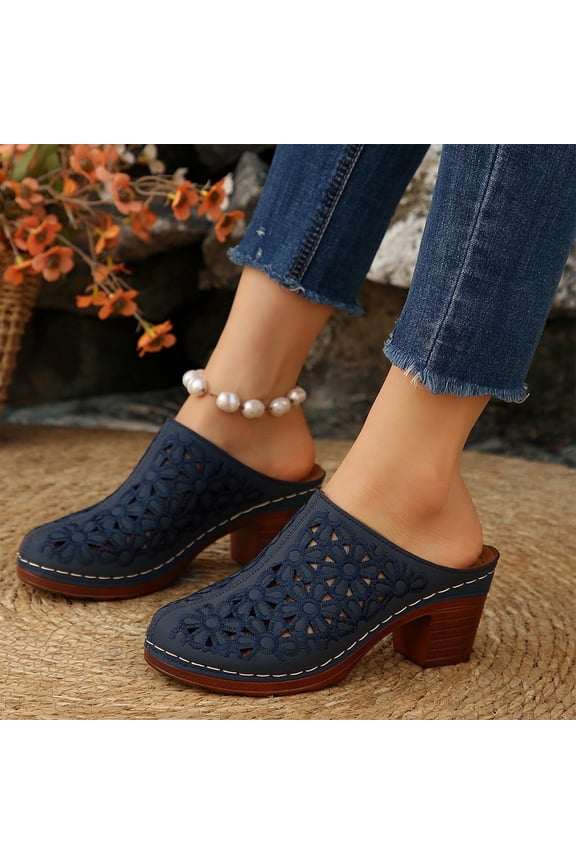 Plus Thick High Heels With French Retro Toe Caps For Wearing Slippers, Cut-Out Sandals Slip On Open Back Mule Clogs Comfortable Breathable Shoes Chunky Heel Non Slip Slippers