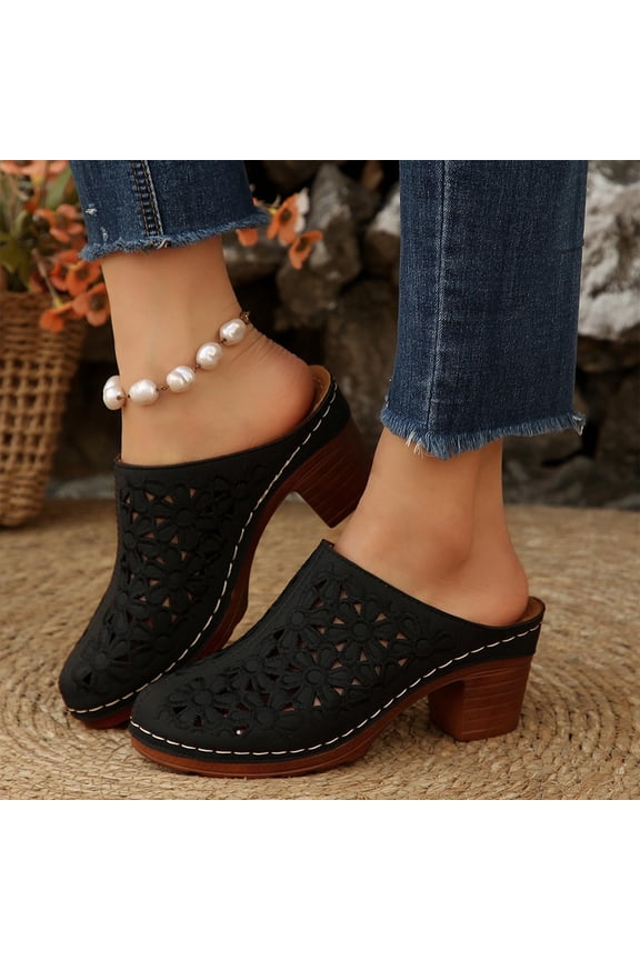 Plus Thick High Heels With French Retro Toe Caps For Wearing Slippers, Cut-Out Sandals Slip On Open Back Mule Clogs Comfortable Breathable Shoes Chunky Heel Non Slip Slippers