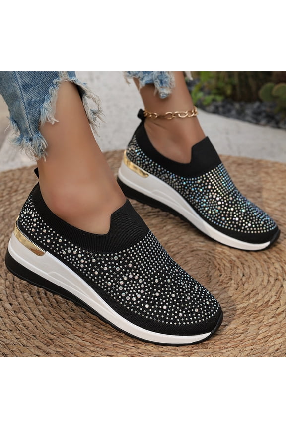 Rhinestone Sneakers for Women, Sparkly Glitter Mesh Slip On Wedge Platform Dressy Casual Walking Shoes, Summer Going Out Shoes, Lightweight Comfortable Slip On Sandals for Women