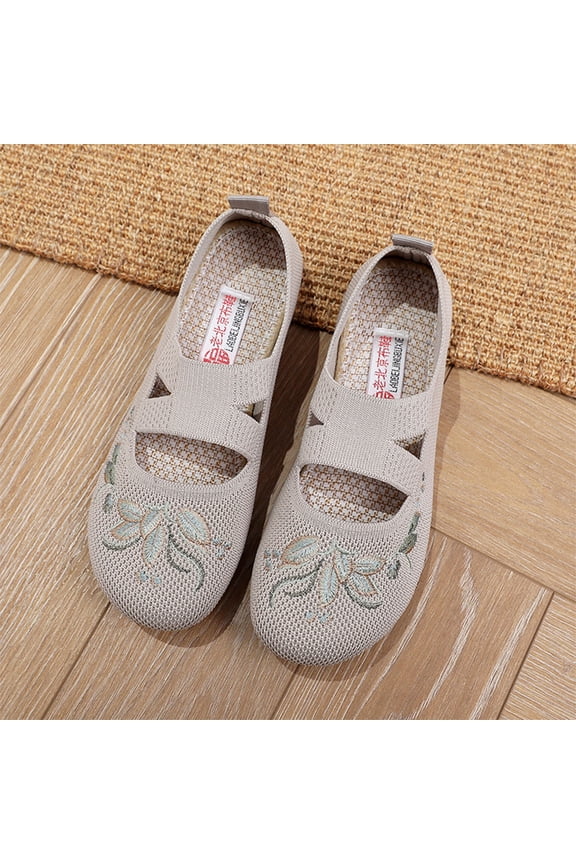 Summer Mesh Flyknit Embroidered Soft Sole Breathable Single Shoes – Lightweight Casual Slip-On Walking Shoes for Women, Cushioned Insole, Flexible Non-Slip Outsole for Daily Wear