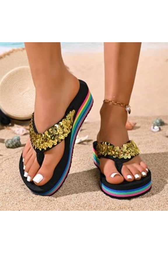 Women Flip Flops with Arch Support ,Sequined Rainbow Wedge Flip-Flops, Sparkly Beaded Thong Sandals with Colorful Rainbow Design, Lightweight Wedge Heel for Comfortable Lift