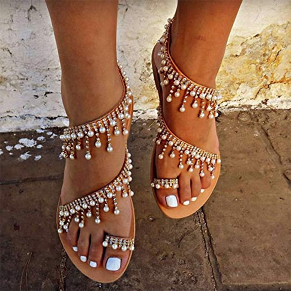 Norvail Womens Bohemian Rhinestone Toe Set Roman Flat Sandals, Wide Foot Sandals for Women Dressy, Beach Flip Flops for Summer Vacation Boho Casual