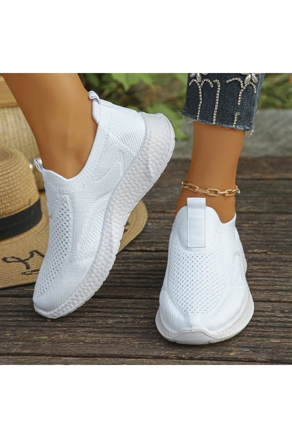 Womens Breathable Comfortable Lightweight Slip-On Flyknit Shoes – Stretchy Knit Upper Walking Shoes with Cushioned Insole, Casual Athletic Sneakers for Travel Commute Daily Wear