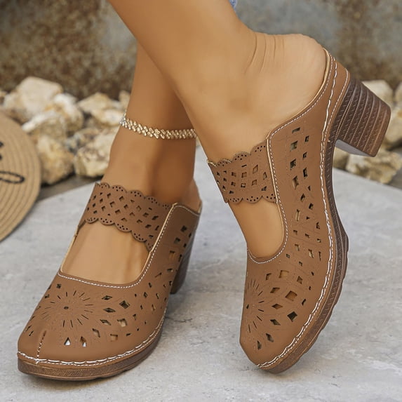Norvail Womens Chunky Heel Hollow Carved Closed Toe Mules, Wide Foot Sandals for Women Dressy, Non Slip Beach Travel Slides for Summer Vacation Casual Wear