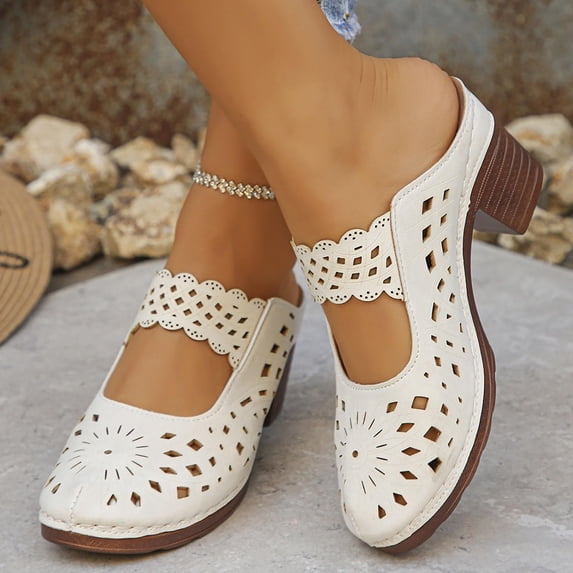 Norvail Womens Chunky Heel Hollow Carved Closed Toe Mules, Wide Foot Sandals for Women Dressy, Non Slip Beach Travel Slides for Summer Vacation Casual Wear