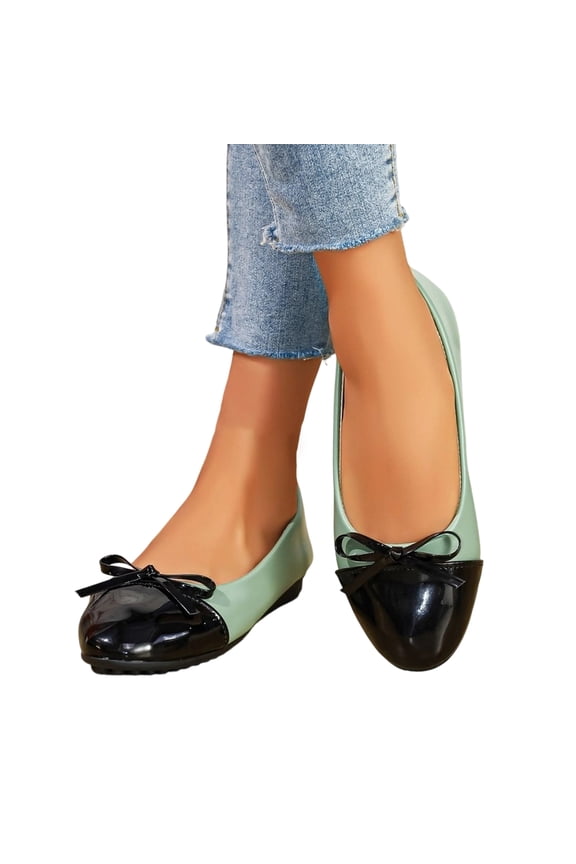 Womens Color-Blocked Bow Single Shoes, Contrast Color Design with Cute Bow Accent at Vamp, Comfortable Flat Slip-On for All-Day Wear, Perfect for Office Casual Daily and Summer Outings