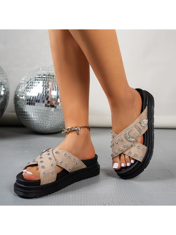 Womens Cross Strap Platform Slides Sandals with Buckle Fashion Comfortable Studded Slip On Non-Slip Beach Mules For Summer Going Out Shoes