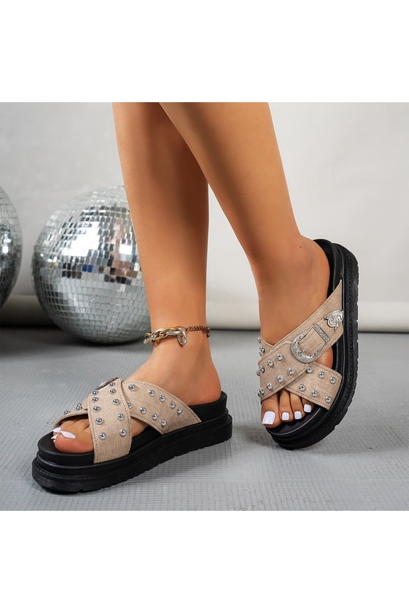 Womens Cross Strap Platform Slides Sandals with Buckle Fashion Comfortable Studded Slip On Non-Slip Beach Mules For Summer Going Out Shoes