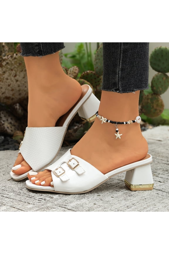 Womens Double Buckle Stylish Chunky Heel Square Toe Open-Toe Sandals – Adjustable Double Buckle Straps, Thick Block Heel for Stability, Cushioned Footbed for Comfort