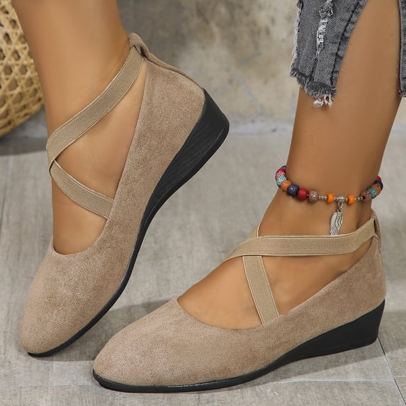 Norvail Womens Dress Flats Ballet Low Wedge Round Toe Fashion Shoes, Elastic Ankle Strap Comfortable Casual Flats for Office Daily Wear