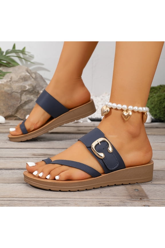 Womens Dressy Toe Ring Sandals Metal Open Toe Summer Wedge Slides Shoes Lightweight Trendy Slippers with Adjustable Straps for Summer Going Out Shoes