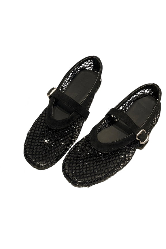 Womens Fishnet Rhinestone Breathable Flat Sandals, Sparkly Crystal Embellished Mesh Upper for Summer Style, Open Toe Comfortable Slip-On Design with Soft Cushioned Footbed