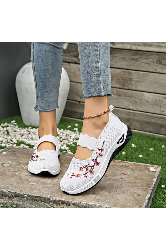 Womens Flower Embroidered Slip On Knitting Flat Loafers, Mary Jane Breathable Elastic Mesh Platform, Comfortable Non Slip Casual Walking Shoes for Daily Wear