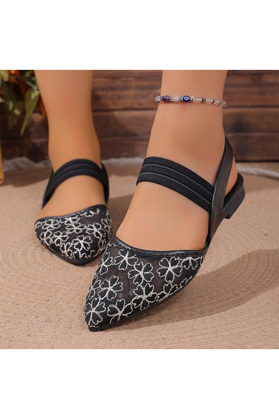 Womens French Style Mesh Lace Breathable Closed Toe Flats, Comfortable Slip On Casual Dress Shoes for Office Travel Summer Daily Wear