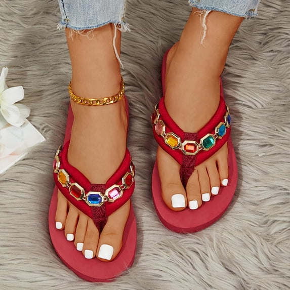 Norvail Womens Gemstone And Beaded Flower Flat Thong Sandals, Wide Foot Sandals For Women Dressy, Lightweight Sparkly Bohemian Clip Toe Design Fo Summer Going Out Shoes I