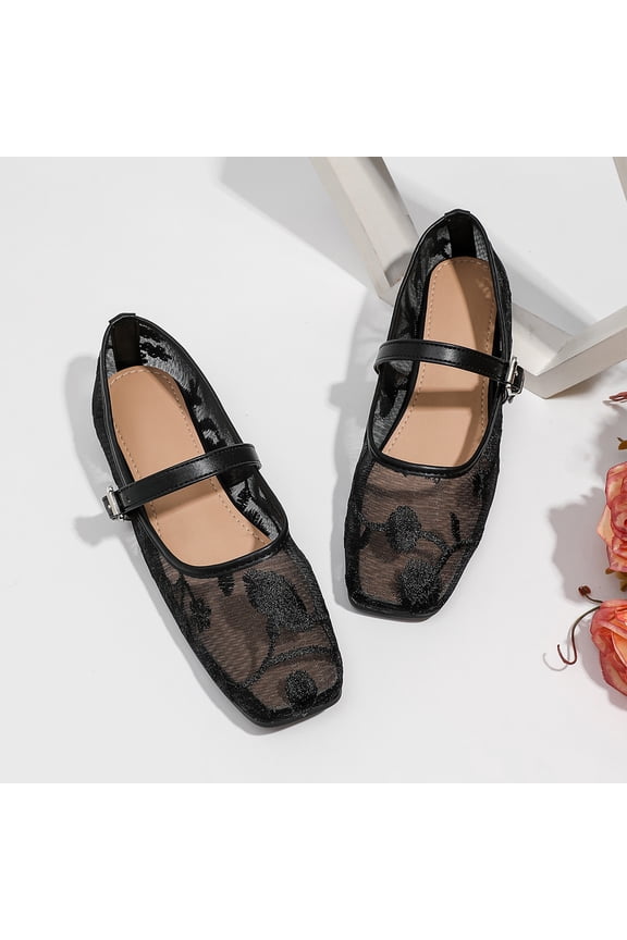 Womens Lace Breathable Square Toe Low Cut Strappy Floral Flats, Comfortable Slip On Summer Casual Shoes for Garden Party Beach Vacation Daily Wear