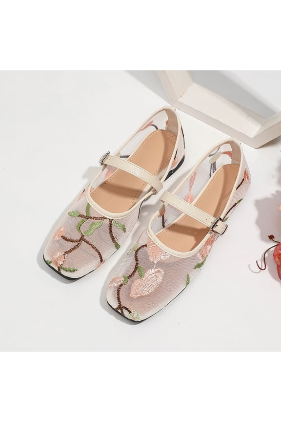 Womens Lace Breathable Square Toe Low Cut Strappy Floral Flats, Comfortable Slip On Summer Casual Shoes for Garden Party Beach Vacation Daily Wear