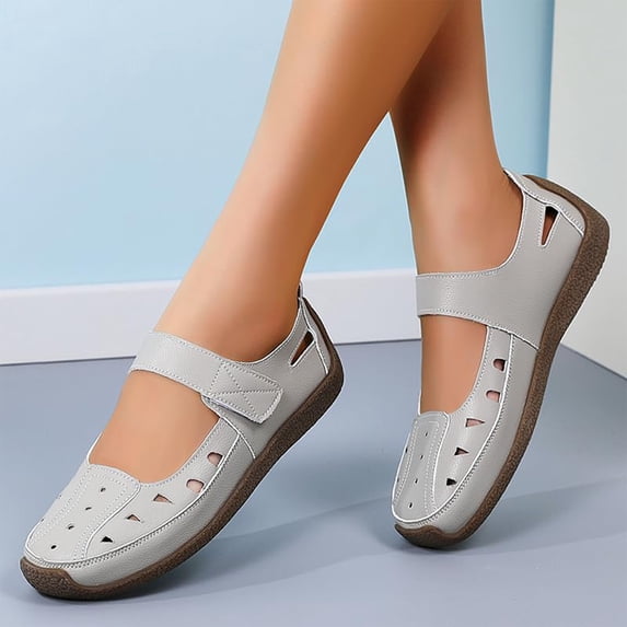 Norvail Womens Leather Closed-Toe Hollow Sandals with Adjustable Hook and Loop Comfy Orthopedic Soft Slip On Mary Jane Shoes for Summer Going Out Shoes