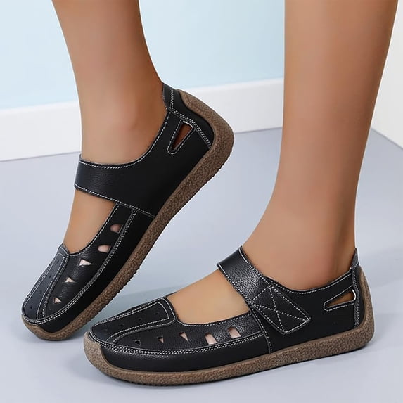 Norvail Womens Leather Closed-Toe Hollow Sandals with Adjustable Hook and Loop Comfy Orthopedic Soft Slip On Mary Jane Shoes for Summer Going Out Shoes
