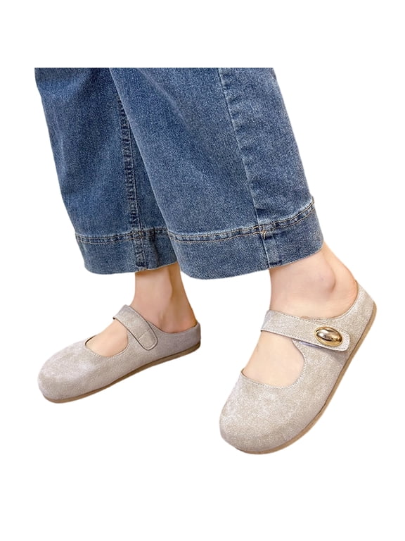 Womens Mary Jane Mules Round Toe Cutout Slip-On Flats with Buckle Strap And Rubber Sole Clogs Comfortable Slip on Sandals for Women