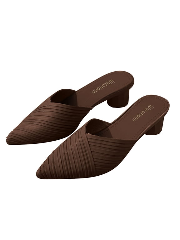 Womens Pointed Toe V Cut Mules, Chunky Block Heels Slip On Clogs, Fashion Office Slides Shoes for Casual Work Daily Wear