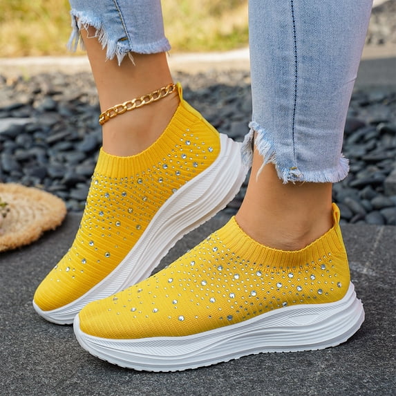Norvail Womens Rhinestone Embellished Breathable Mesh Fly Knit Athletic Casual Shoes, Summer Going Out Shoes, Lightweight Comfortable Slip On Sneakers for Daily Wear