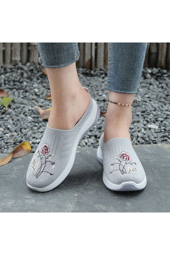 Womens Soft Soled Embroidered Slip Ons Walking Shoes, Breathable Knit Backless Mules Sneakers, Lightweight Slip on Flat Mules for Middle Aged and Elderly Women