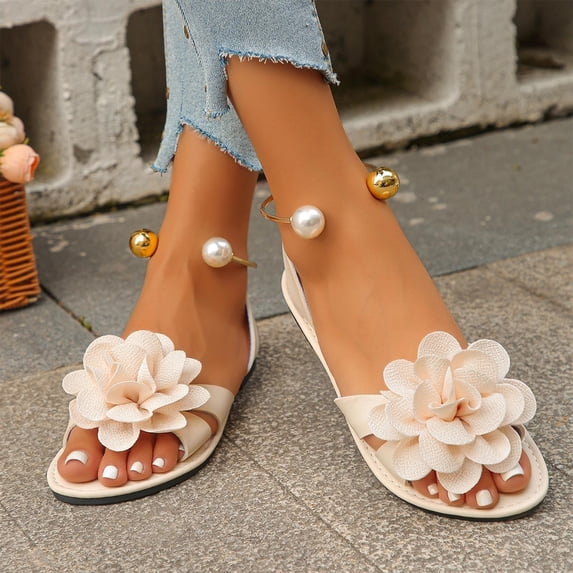 Norvail Womens Summer Flat Sandals Flowers Dressy Slide Slipper Comfort Slip-On Non-Slip Beach Shoes with Pearl Ankle for Summer Going Out Shoes